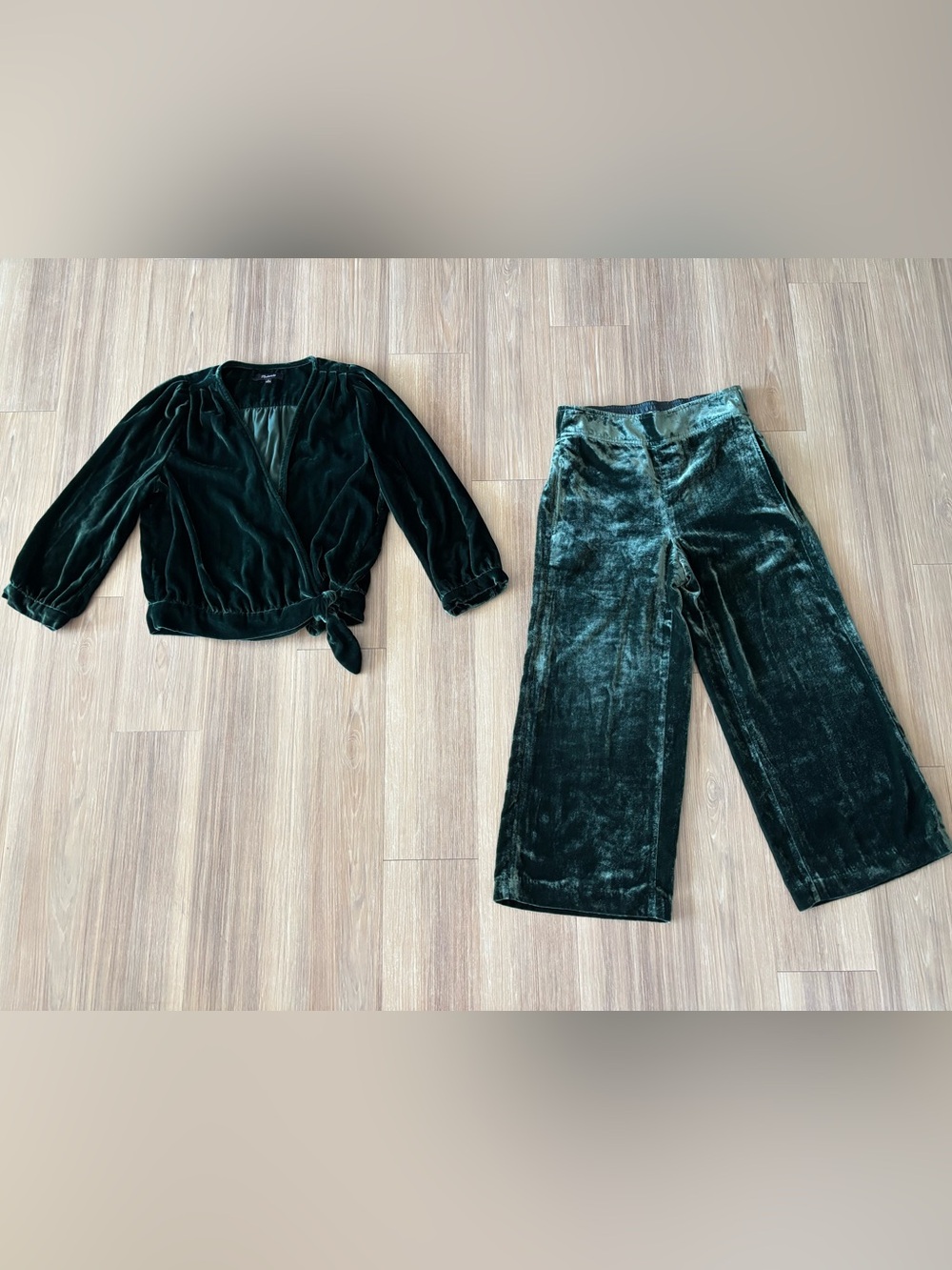 Madewell Velvet Wrap Top Wide Leg Pant Set Green 2 Piece Women S/M Holiday Party